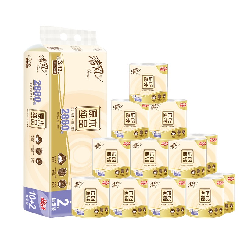 Plus会员:清风有芯卷纸 原木纯品240段12卷 柔韧升级 卫生纸卷筒纸 纸巾卷纸 51.7元，折17.23元/提（需入会）