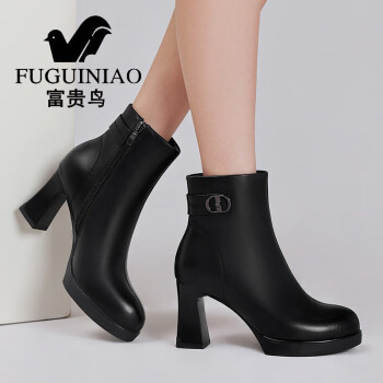 FYGUINIAO 富贵鸟 马丁靴女粗跟头层牛皮高跟英伦短靴女靴子 FN0234/0871G 黑色 37