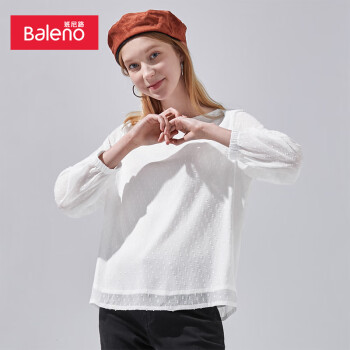 Baleno 班尼路 衬衫女纯色甜美轻薄透气舒适圆领上衣显瘦雪纺衫女士长袖衬衣 01W S