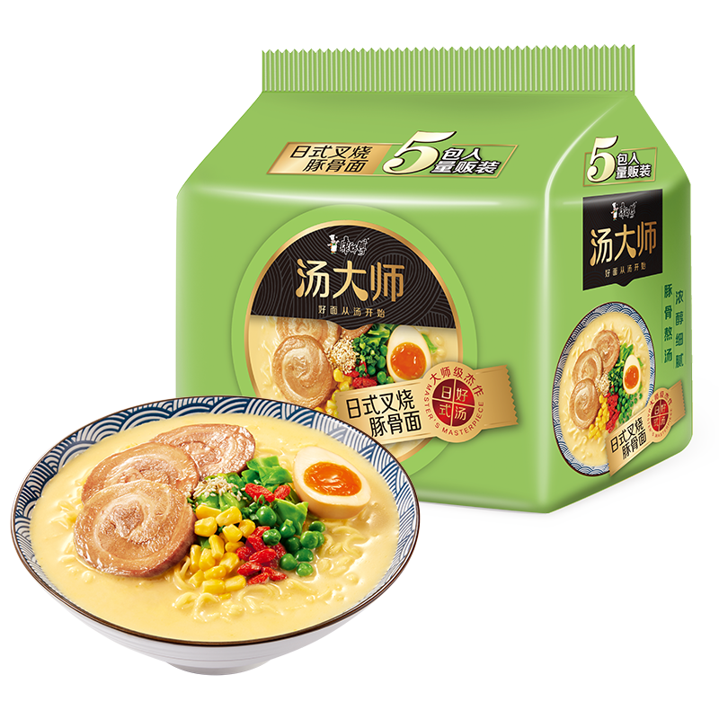 plus会员、需首购:康师傅方便面 汤大师 日式叉烧豚骨拉面 85g*5袋 +凑单品 18.45元包邮（合9.22元/件）