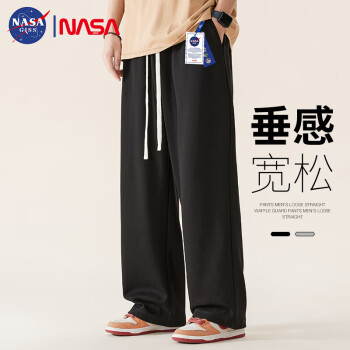 NASA GISS 裤子男潮牌垂感直筒裤百搭休闲裤男士运动阔腿裤 黑色常规