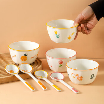 松发 瓷器陶瓷日式碗卡通可爱情侣2碗2勺组合装家用饭碗面碗汤勺餐具 橘子
