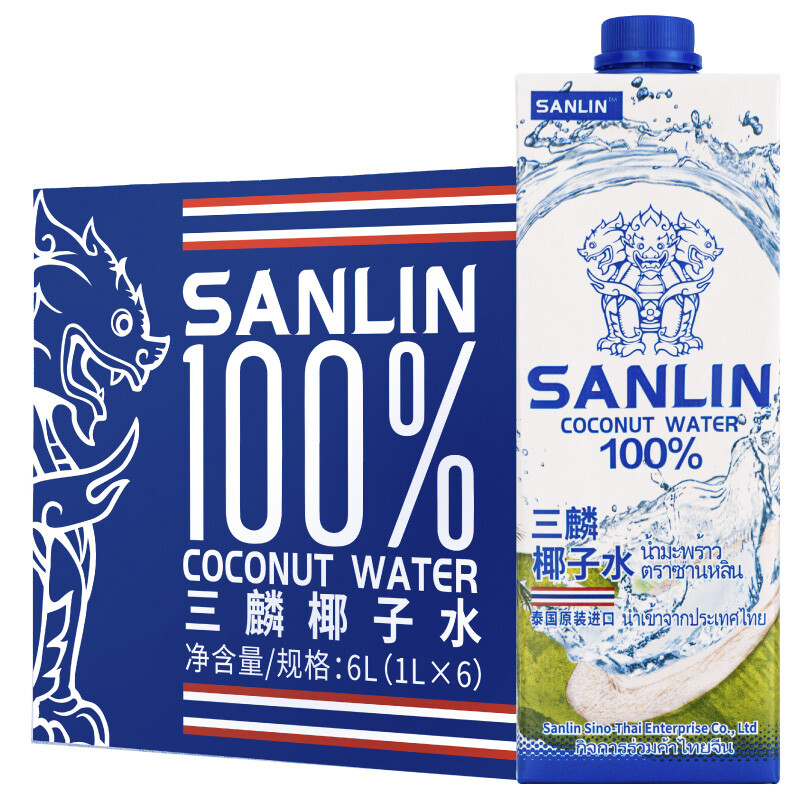 SANLIN 三麟 100%椰子水 富含天然电解质 泰国进口NFC椰青果汁1L*6瓶 整箱 69元
