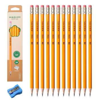 HERO 英雄 铅笔软化木六角杆皮头削尖黄杆学生考试素描绘图铅笔 12支装 1002-2B