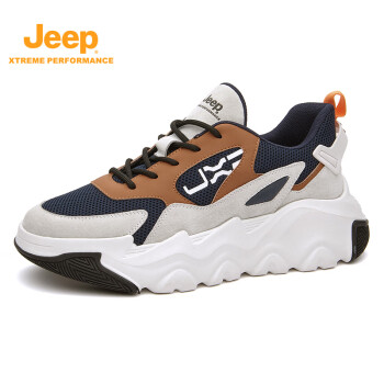 Jeep 吉普 男鞋透气休闲运动鞋厚底增高男士老爹鞋 米蓝色 40