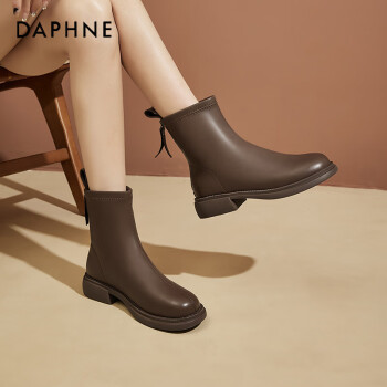 DAPHNE 达芙妮 短靴女加绒低跟瘦瘦靴女圆头软底通勤百搭靴子 棕色（加绒） 35