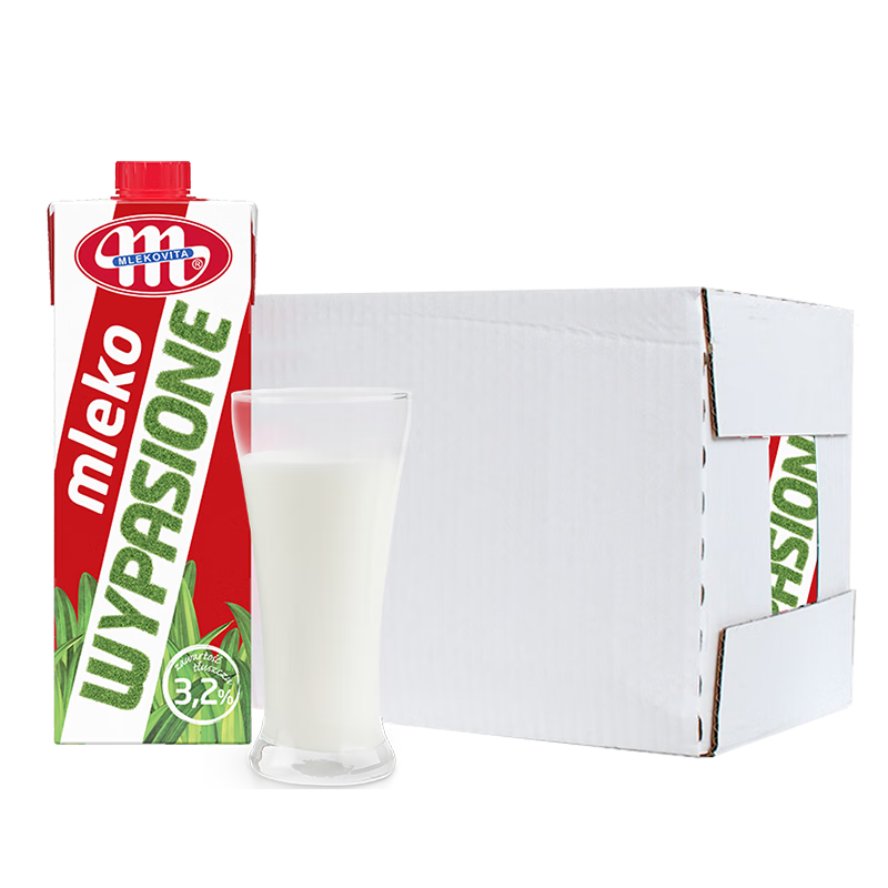 plus会员：MLEKOVITA 妙可 波兰进口 冠军系列 3.2全脂牛奶纯牛奶 1L*6盒 整箱装*3件 144.35元包邮、合41.34元/件