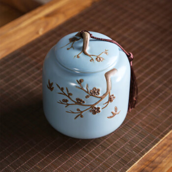 茶艺贵族 梅花雁(天青)茶叶罐中式大号陶瓷储茶罐密封罐茶罐功夫茶具配件
