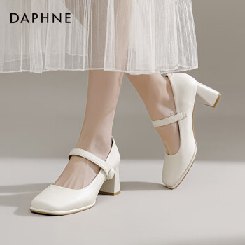 DAPHNE 达芙妮 粗跟高跟鞋女鞋简约气质单鞋子女玛丽珍鞋 米白色 36