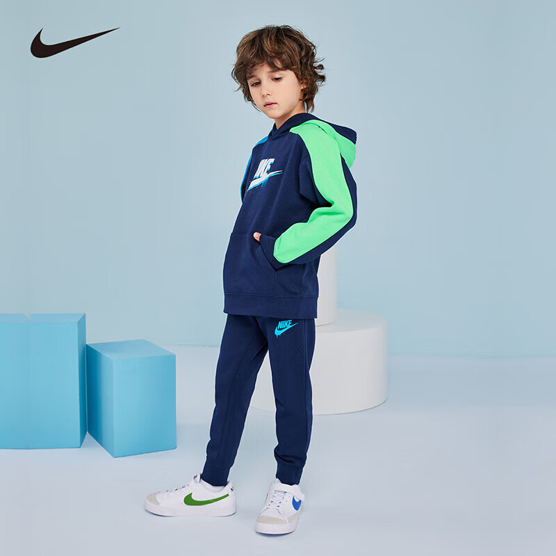 NIKE 耐克 儿童卫衣长裤2件套秋冬保暖连帽套装 靛蓝色 120(6) 199元