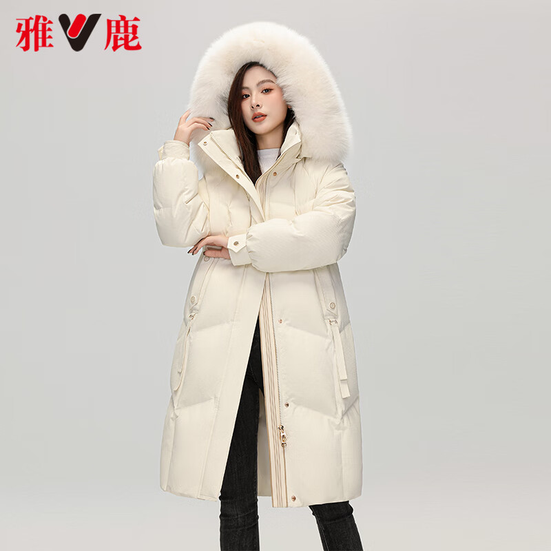 YALU 雅鹿 长款狐狸毛领羽绒服女撞色加厚外套 抹茶绿 L 699元
