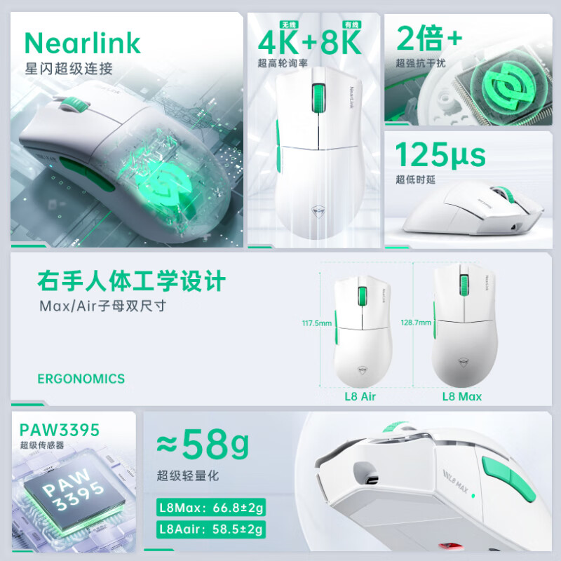 MACHENIKE 机械师 L8air 星闪版 三模鼠标 26000DPI 白色 289元