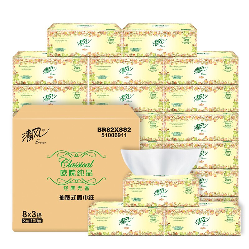 Breeze 清风 欧院花韵系列 抽纸 3层*100抽*24包(180*120mm) 24.9元（74.7元/3件，双重优惠）