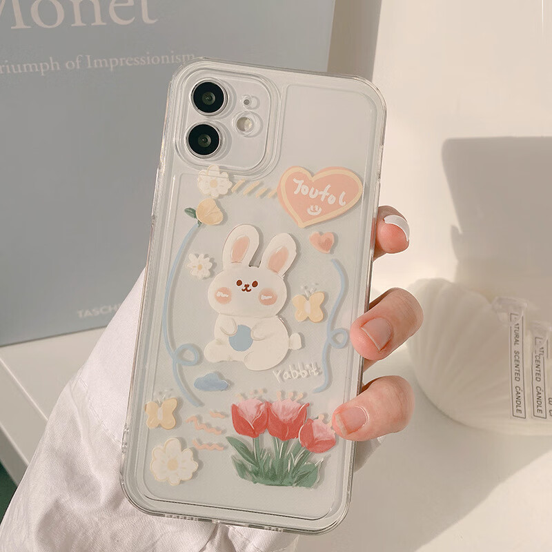 FlowerPig ins小清新iphone14手机壳12女苹果13pro透明Xsmax/15防摔11适用8p 透明 兔子花朵标签 XR 券后9.9元