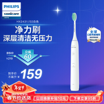 PHILIPS 飞利浦 电动牙刷成人 情侣款 新年 情人节礼物送女友/男友入门款 2种模式洁齿护龈 HX2431/02