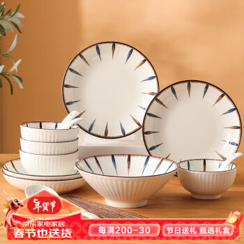 贺川屋 釉下彩陶瓷碗盘套装 18头碗筷套装