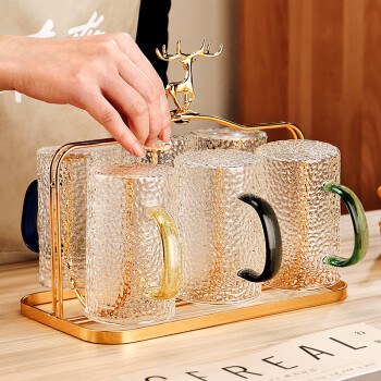 CRISTALGLASS 格娜斯 日式锤纹玻璃杯带把手水杯套装家用客厅待客茶杯家庭喝水杯子