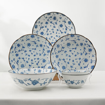 美浓烧 Mino Yaki）日本进口唐草碗盘套装陶瓷碗餐具精美釉下彩餐盘面碗组合6件套