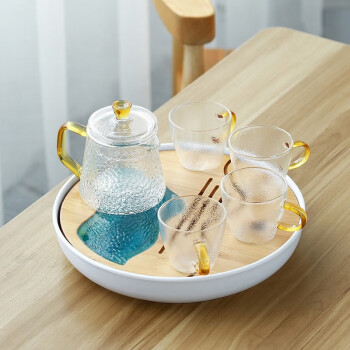 苏氏陶瓷SUSHICERAMICS创意茶盘茶具套装玻璃锤纹泡茶壶带四个手柄茶杯促销安全包装