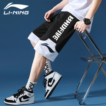 LI-NING 李宁 休闲裤男运动裤子男美式短裤夏季男篮球裤比赛服饰训练跑步健身裤 标准黑/标准白 L(175)