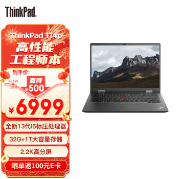 ThinkPad 思考本 T14p 联想14英寸高性能标压轻薄笔记本 13i5-13500H 32G 1TB