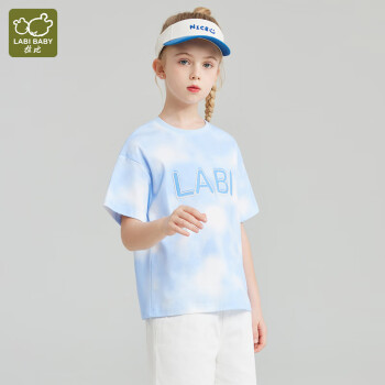 LABI BABY 拉比 女童短袖夏装炫彩扎染T双面丝光布吸湿透气 错位拉比蓝色140