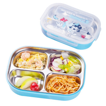 Disney 迪士尼 儿童餐具便当盒套装带筷勺宝宝分格餐盘婴儿注水保温饭盒 304不锈钢可拆卸 米奇三件套
