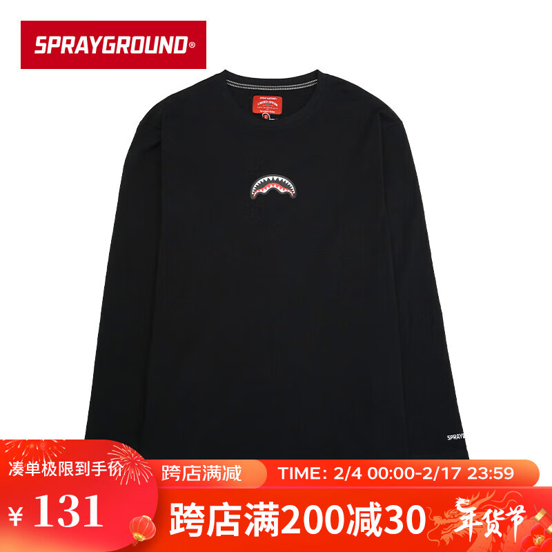 SPRAYGROUND 21秋款经典鲨鱼嘴印花长袖T恤宽松打底衫男女百搭休闲 黑色 L 132元