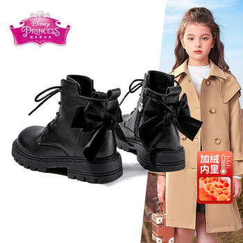 Disney 迪士尼 女童冬季加绒皮靴二棉黑色短筒靴子儿童马丁靴 DP22127 黑色 34码