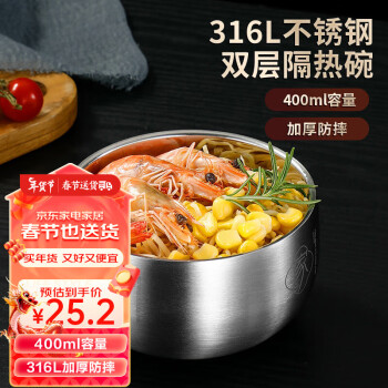 SFYP 尚菲优品 316不锈钢碗 汤碗双层隔热 餐具面碗 12cm SF080L-12