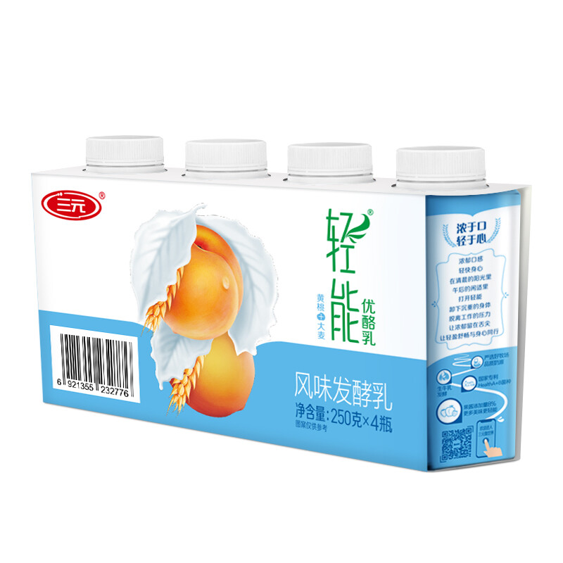 SANYUAN 三元 轻能 优酪乳 黄桃+大麦 250g/瓶*4 酸奶酸牛奶 23.12元