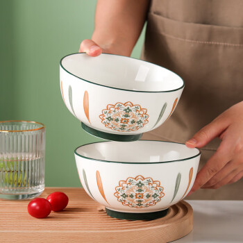 移动端：JIEYAJIE 洁雅杰 陶瓷碗北欧风釉下彩米饭碗汤碗6英寸创意面碗 2只装 复古梵叶