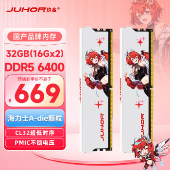 JUHOR 玖合 星舞系列 DDR5 6400MHz 台式机内存 马甲条 白色 32GB 16GBx2 C32