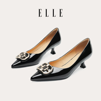 ELLE 她 单鞋女牛皮优雅尖头细跟高跟鞋方扣女鞋子 EX231AD002 黑色 38