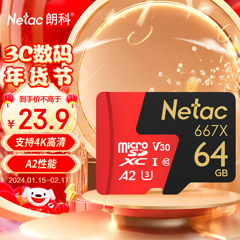 Netac 朗科 P500 超至尊 PRO Micro-SD存储卡 64GB（V30、U3、A2） 23.9元