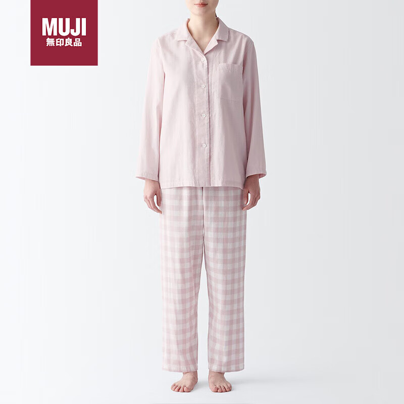 MUJI 無印良品 无印良品（MUJI）女式无侧缝双层纱织睡衣家居服套装4S浅粉红色格纹 M 268元