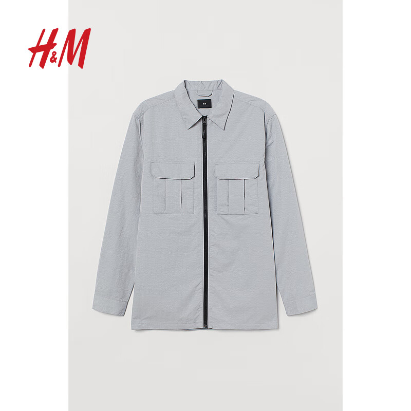 H&M 男装夹克工装潮流翻领浅灰格雷系长袖拉链上衣外套0913415 浅灰色 175/100A 130元