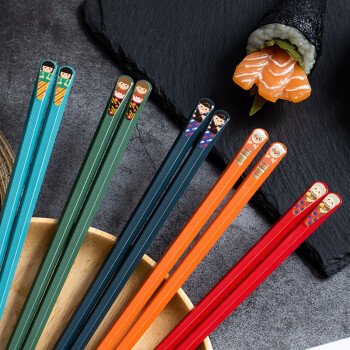 拾画 合金筷子 家用不锈不发霉日式斜头防滑筷 多彩分食筷5双装