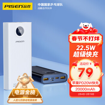 PISEN 品胜 LS-DY87 移动电源 白色 20000mAh Type-C/Lightning/Micro-B 22.5W 双向快充