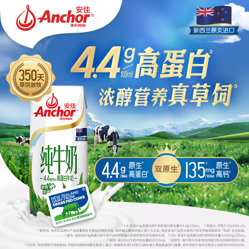 Anchor 安佳 新西兰原装进口 4.4g高蛋白高钙纯牛奶250ml*24盒（新 108.05元