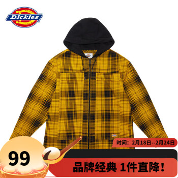 Dickies 帝客 拼接面料格紋連帽長袖襯衫男士春秋休閑百搭DK009453 黃色 M