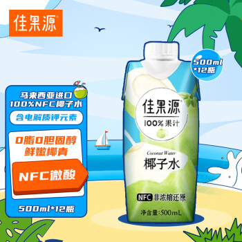 佳果源 100%椰子水马来西亚进口 NFC椰青果汁口感微酸500ml*12瓶