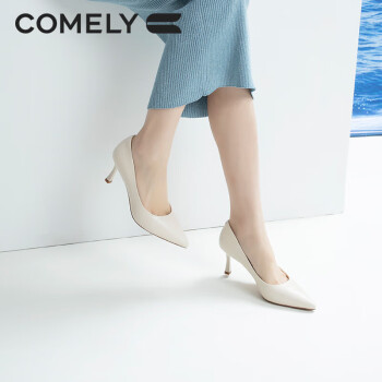 COMELY 康莉 单鞋女2023年秋季细跟尖头高跟羊皮简约职业工作鞋 米白色 36