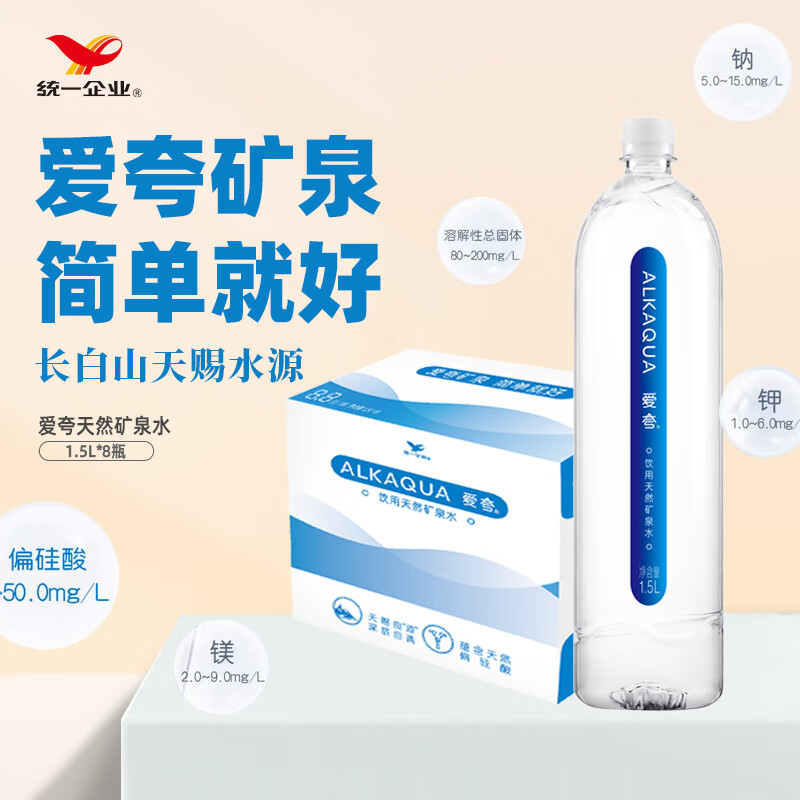 统一 ALKAQUA爱夸 饮用天然矿泉水 1.5L*8瓶 33.57元（100.7元/3件）