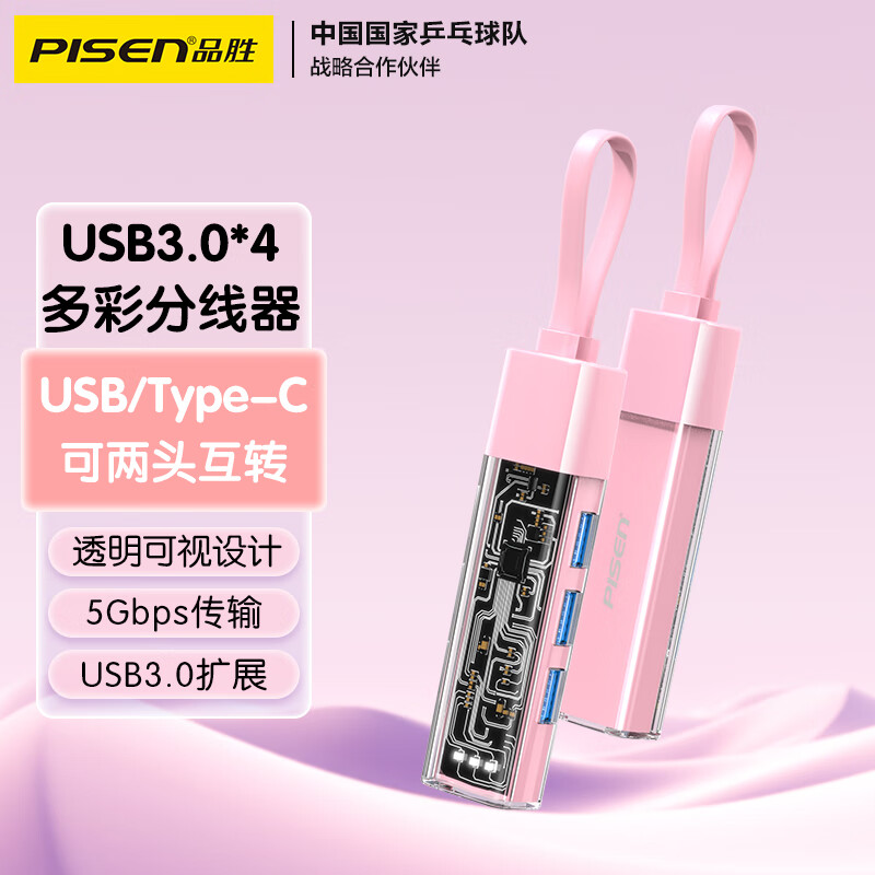 PISEN 品胜 USB/Type-C双接口HUB分线器扩展坞3.0集线器一拖四适用于iphone15笔记本平板电脑透明壳夕霞粉 39.9元