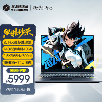 机械革命 极光Pro 16英寸 i5HX 游戏本笔记本电脑(i5-13450HX 16G 1T RTX4060 165HZ 2.5K屏 双液金散热)