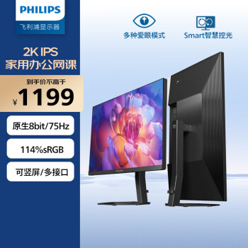 PHILIPS 飞利浦 27英寸2K IPS75Hz 114%sRGB 旋转升降 低蓝光DP端 高清设计办公显示器 网课学习显示屏27E1N5500E