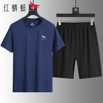 红蜻蜓 短袖t恤套装男休闲百搭运动弹力透气短t短裤两件套装 深蓝 L
