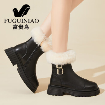 FYGUINIAO 富贵鸟 雪地靴女中跟粗跟牛皮保暖加绒棉鞋女鞋子 FN0234/1312 黑色 37