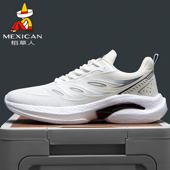 Mexican 稻草人 男鞋休闲鞋子男士透气飞织网布鞋男跑步运动鞋 白色 42